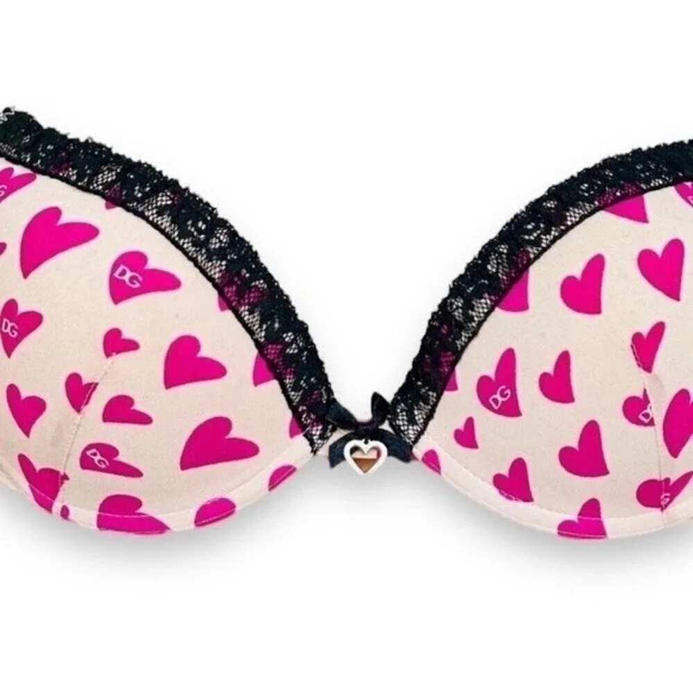 Dolce & Gabbana Vtg. 00s Y2K Pink Heart Outerwear Bra 32C rhinestone - Picture 8 of 16